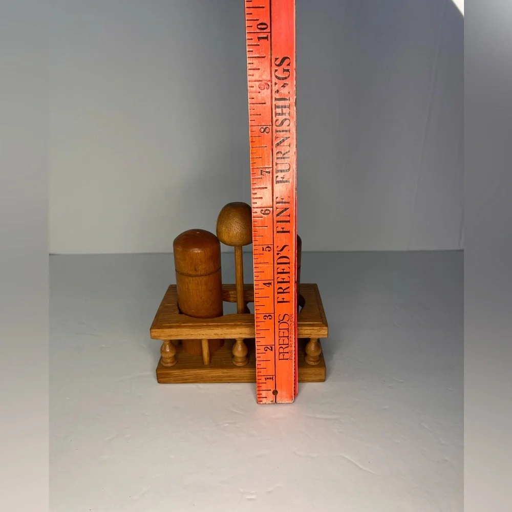 Vintage Wood Salt & Pepper Shaker Set with Holder Rubber Stoppers.‎